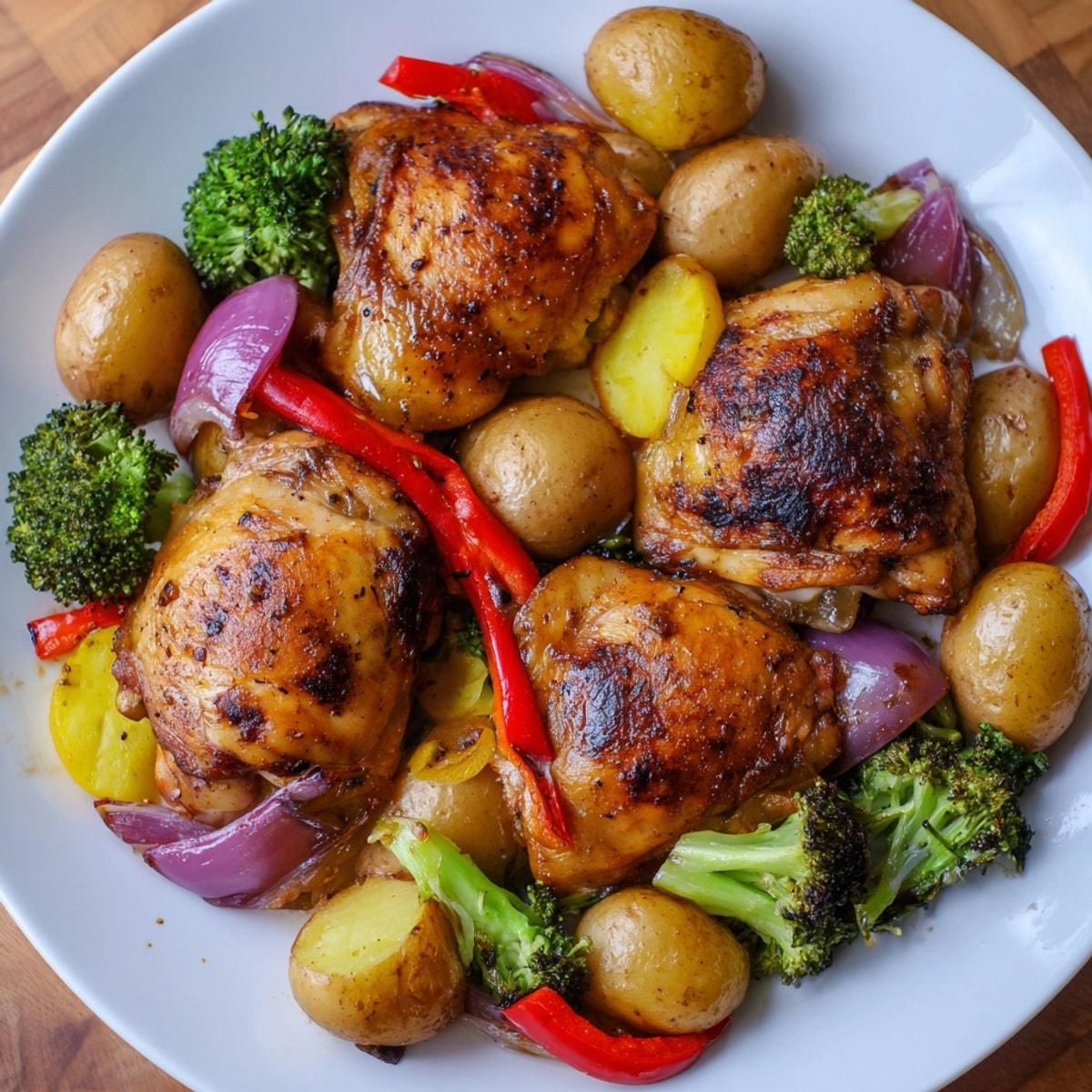 Juicy Honey Lemon Roasted Chicken Sheet Pan dinner, glazed and nestled among vibrant, caramelized veggies.