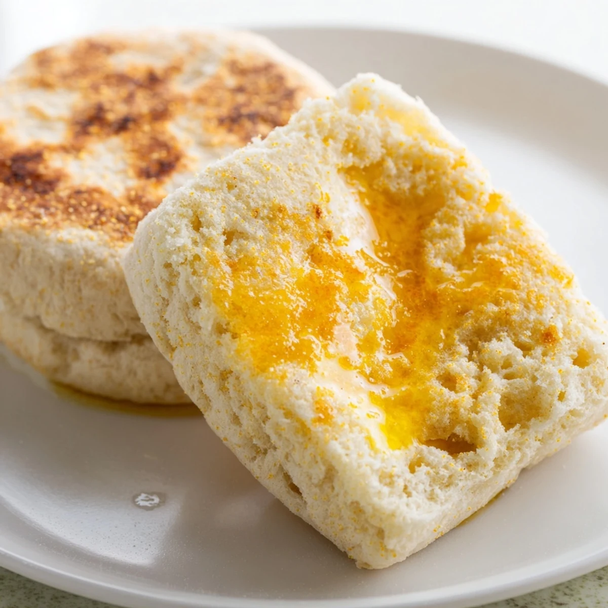 Golden-brown sheet pan English muffins, dusted with cornmeal, ready to toast and serve warm with butter.