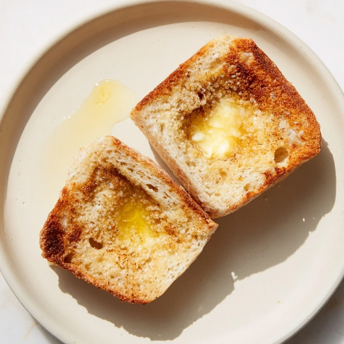 Close-up of baked sheet pan English muffins, perfect for splitting and enjoying with your favorite toppings.