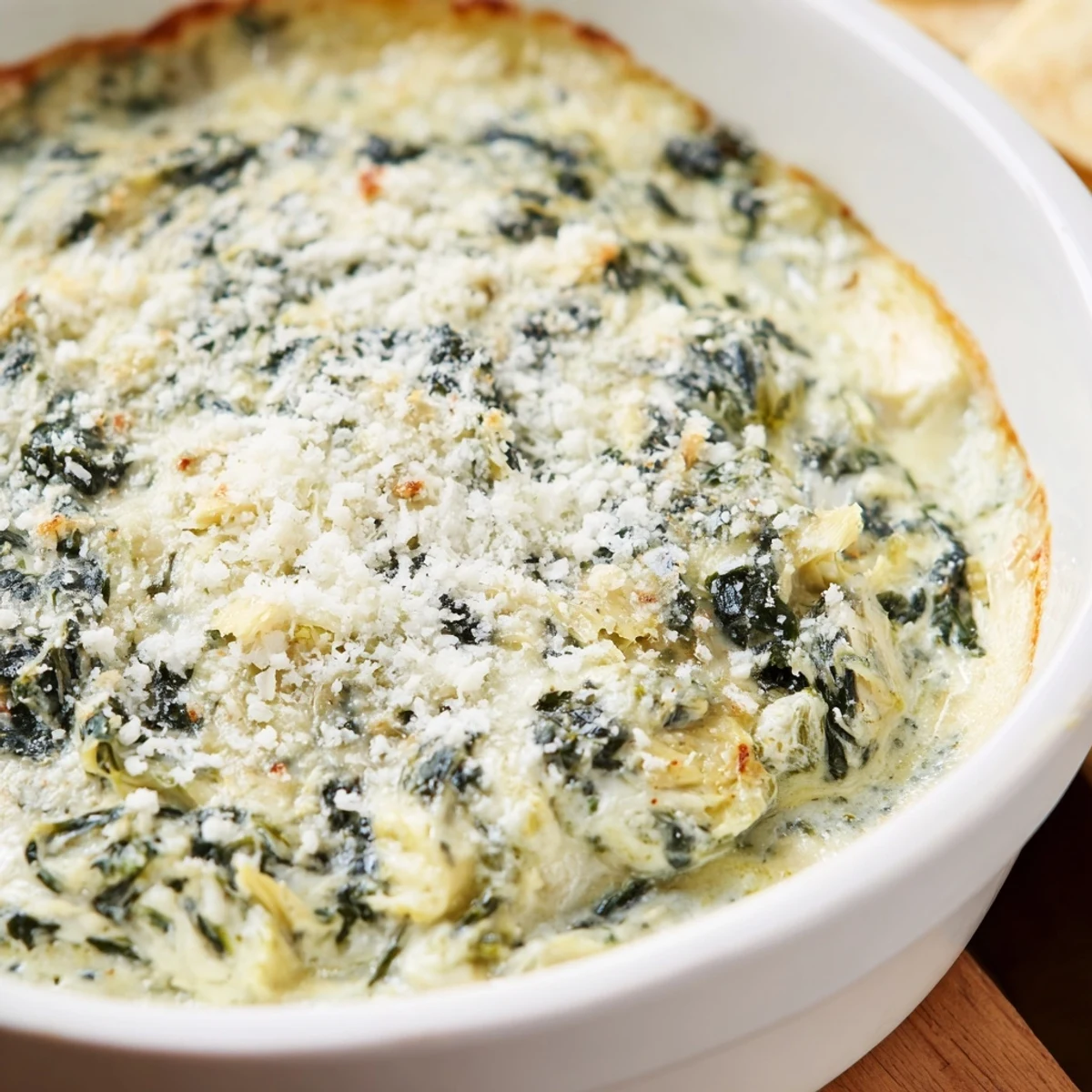 Cheesy Warm Spinach and Artichoke Dip bubbling in a baking dish, a perfect appetizer for sharing.