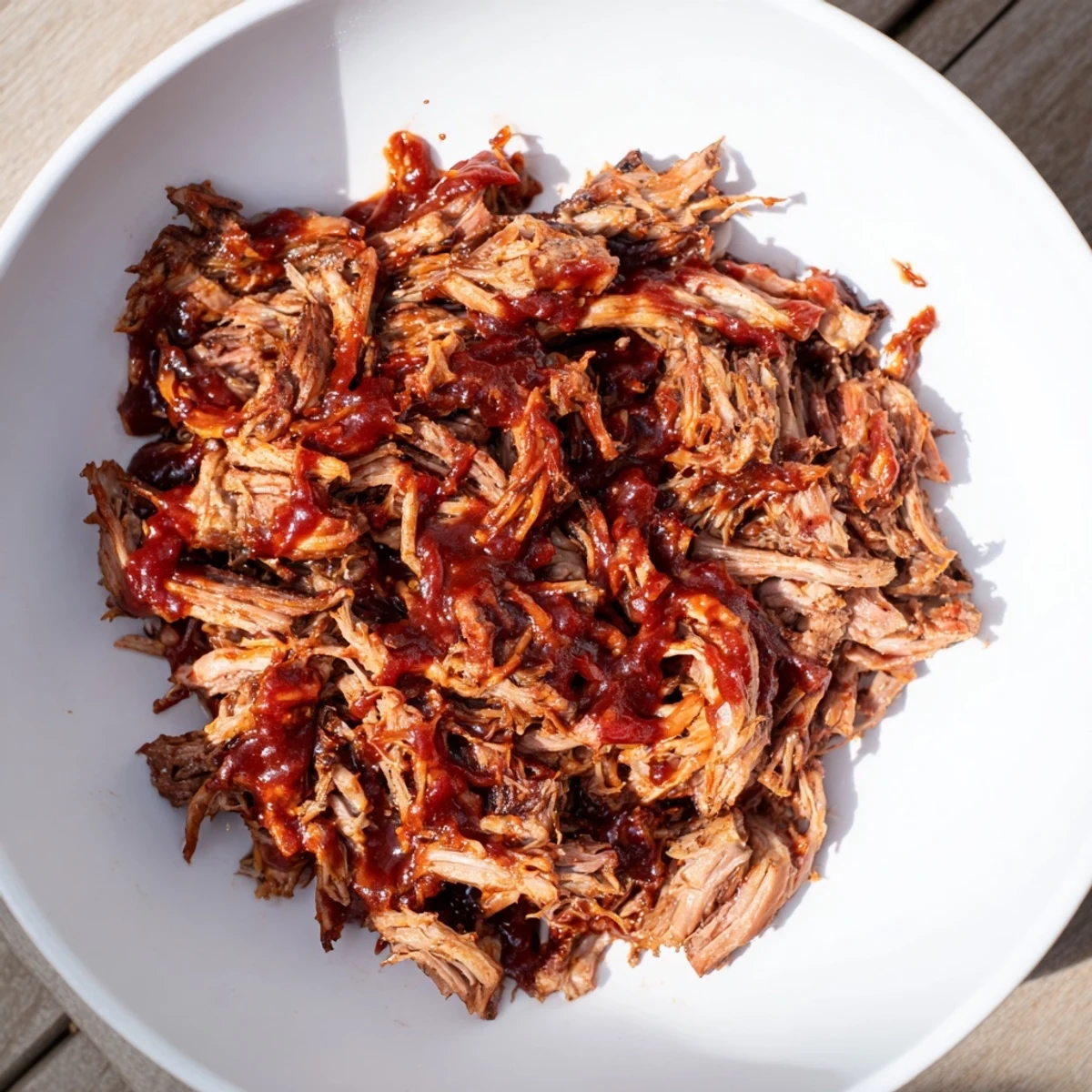 A close-up of tender 5-Ingredient BBQ Pulled Pork, coated in rich, glossy barbecue sauce.