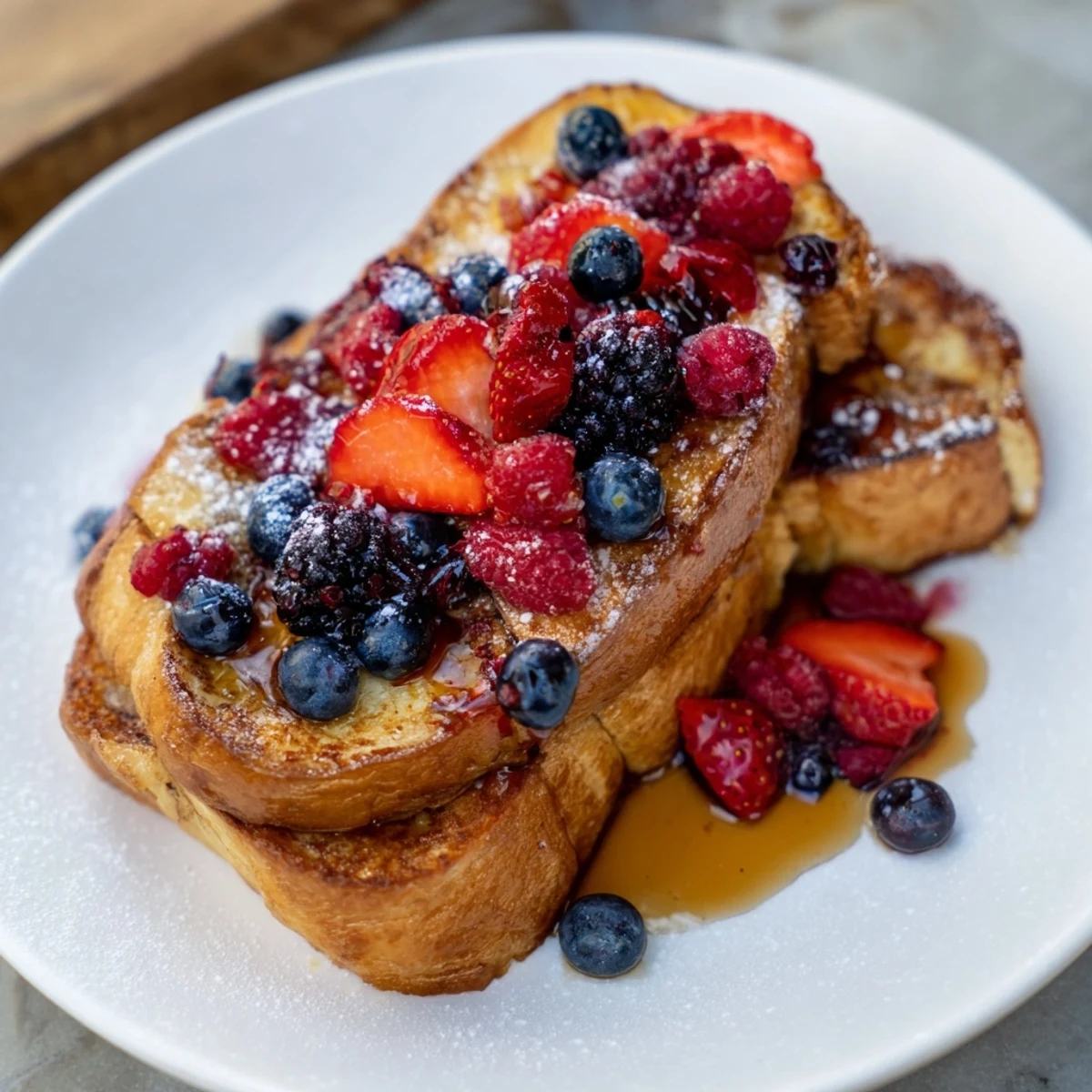 Warm, buttery French toast, topped with fresh berries, offering a sweet and satisfying brunch choice.