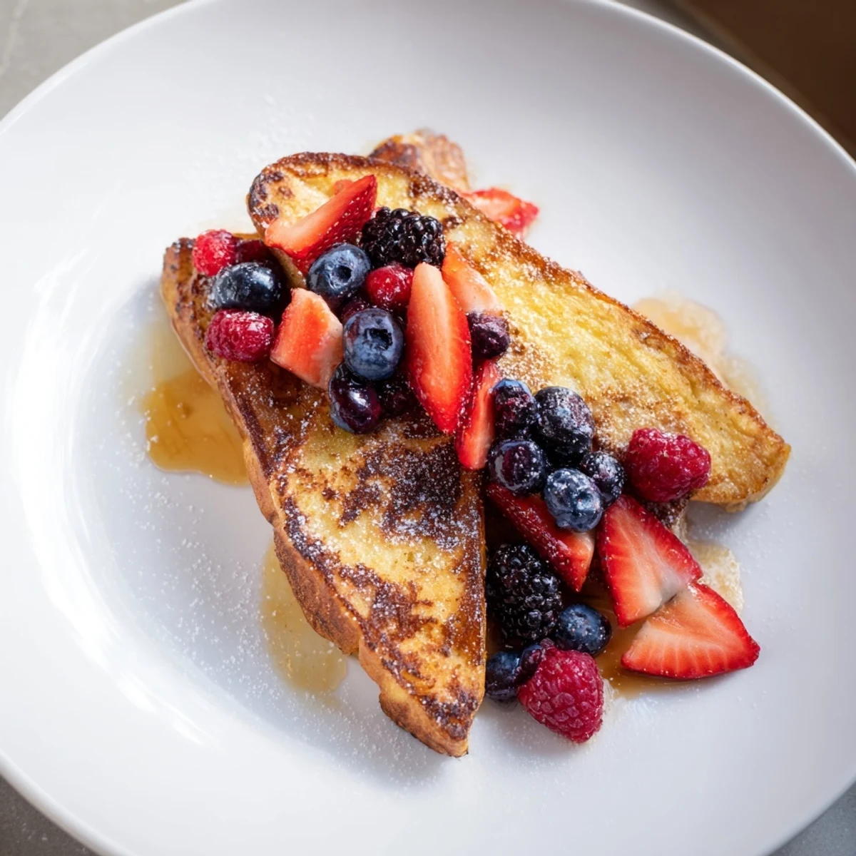 Fluffy French toast recipe, showing off golden fried bread with ripe berries and rich maple syrup drizzle.