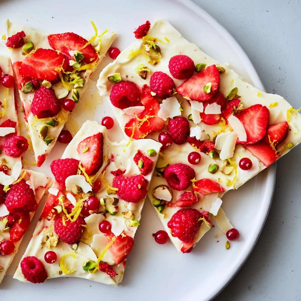 Creamy frozen yogurt bark with vibrant red berries, a delightful, refreshing summer dessert.