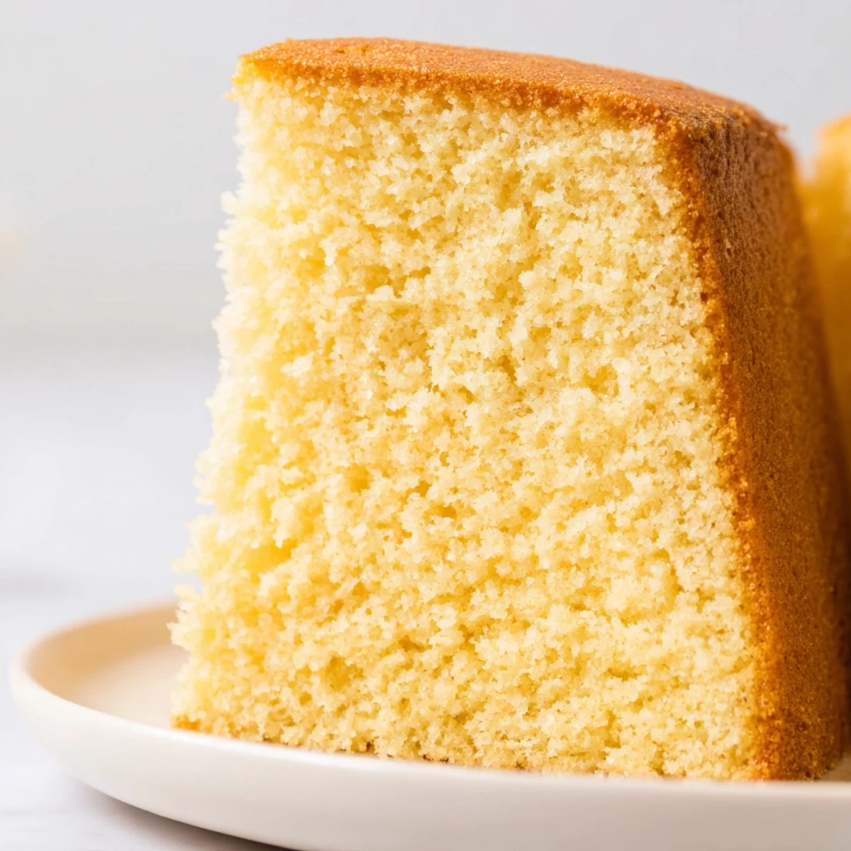 A tall slice of 3-ingredient vanilla sponge cake, showing a light and airy texture, ideal for layering.