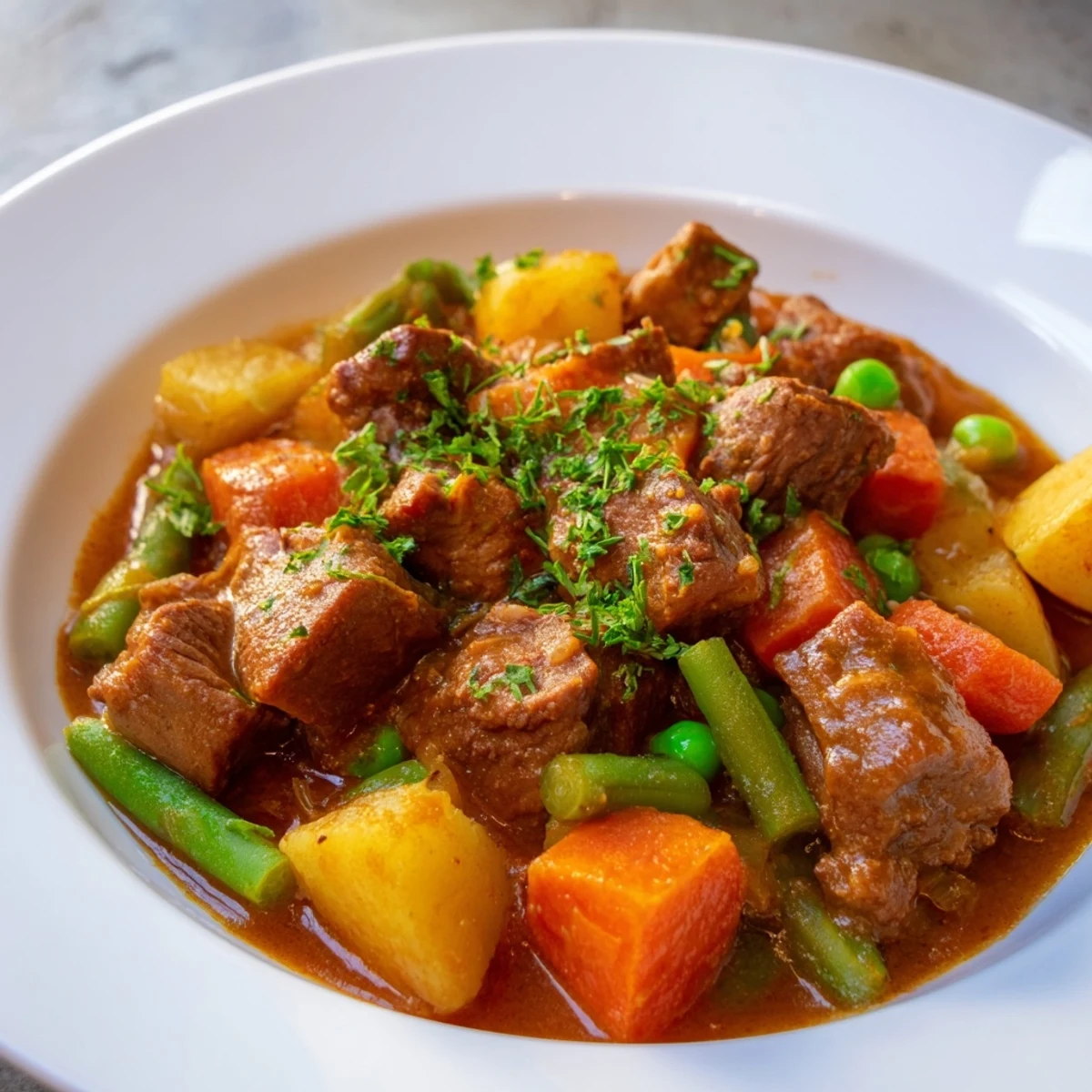 Tender beef and vegetables simmered into this flavorful pressure cooker beef and vegetable stew.