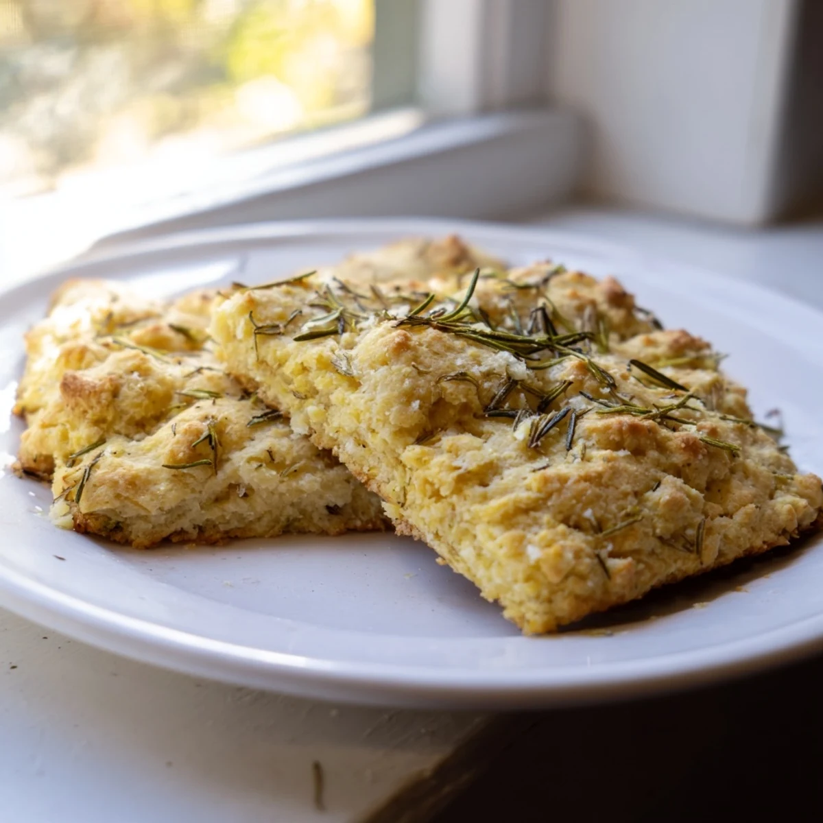 Golden Yeast-Free Garlic and Rosemary Bannock Bread, ready to slice, offers a savory, herby aroma.
