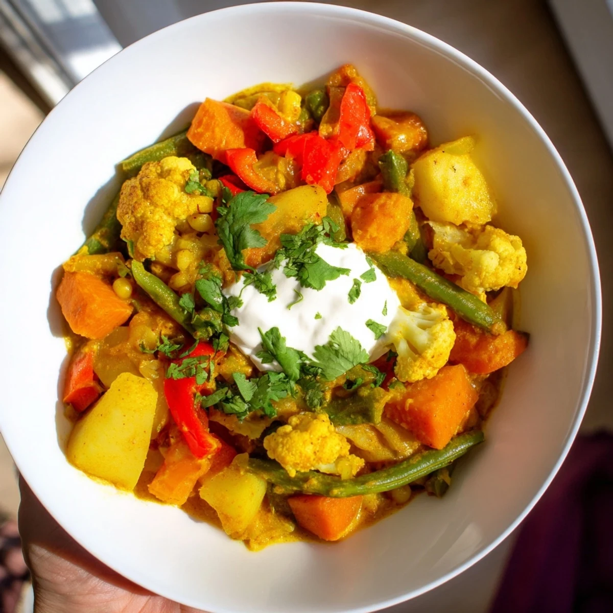 A steaming bowl of Waste-Free Vegetarian Curry, served over fluffy rice and garnished with fresh cilantro.