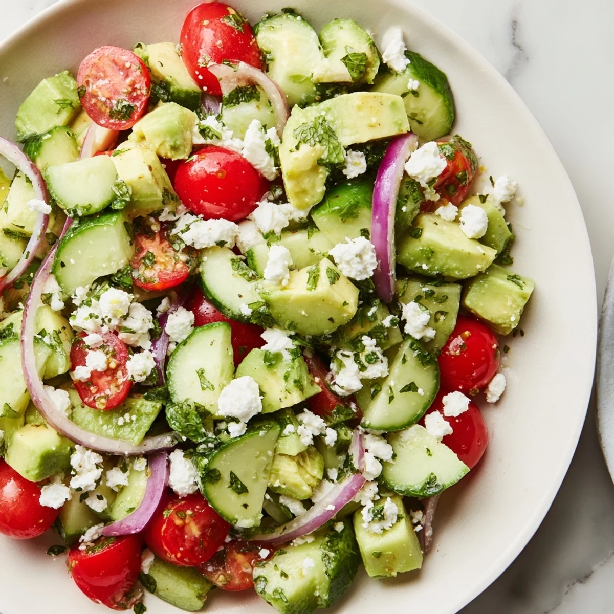 Enjoy a refreshing scoop of Fresh Cucumber, Tomato, and Avocado Salad, perfect with a drizzle of dressing.
