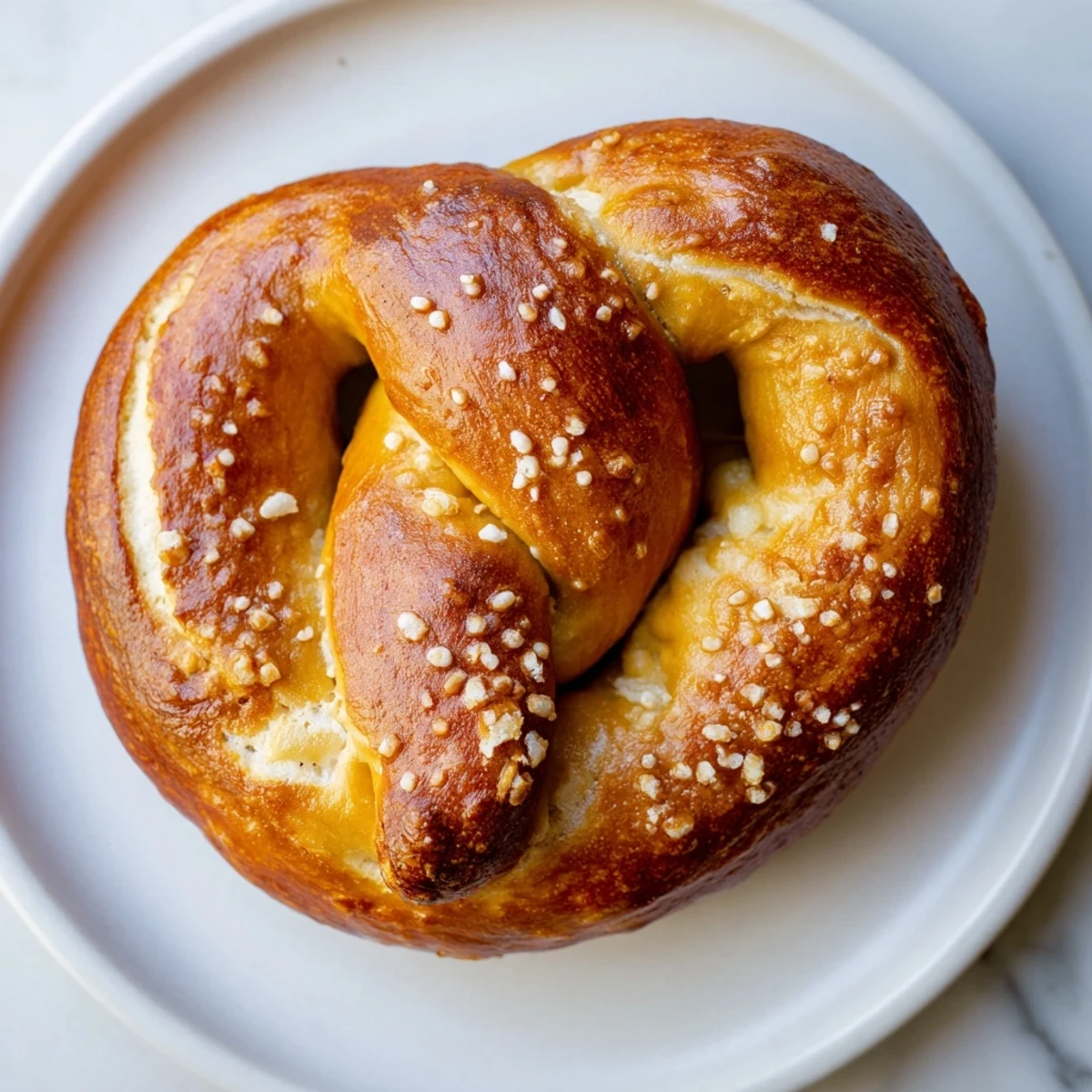 A close-up of golden-brown Homemade Soft Pretzels with coarse salt, ready for dipping.