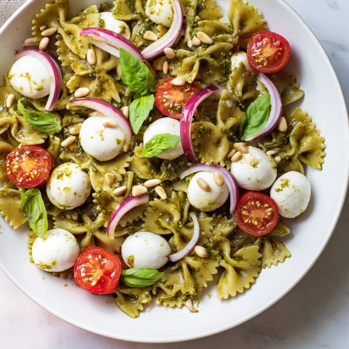 Cold pasta salad with pesto, mozzarella, and cherry tomatoes, tossed in a bright pesto dressing.