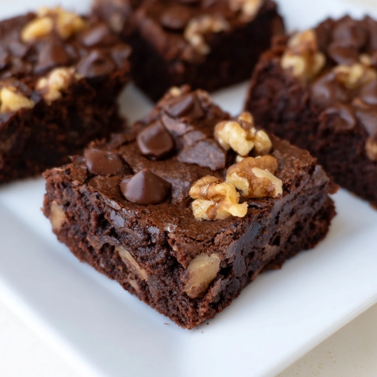 These homemade Fudgy Walnut Brownies show their fudgy interior alongside the delicious chopped walnuts on top.