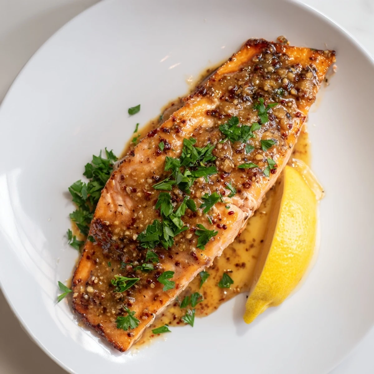 Golden, flaky honey mustard glazed salmon, ready to eat with vibrant parsley garnish and lemon.