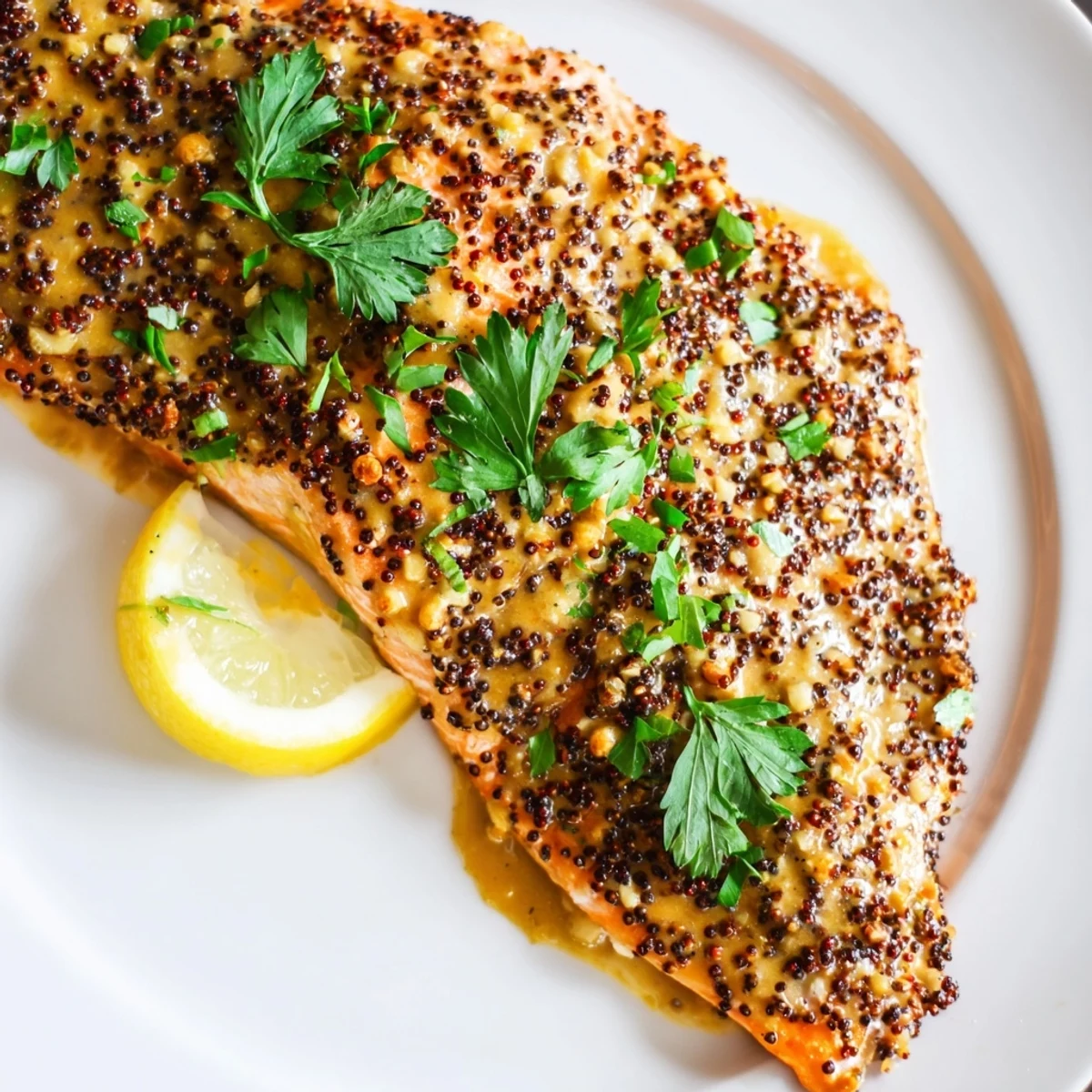 Perfectly broiled honey mustard glazed salmon fillets, glistening with a sweet and tangy glaze, ready to serve.