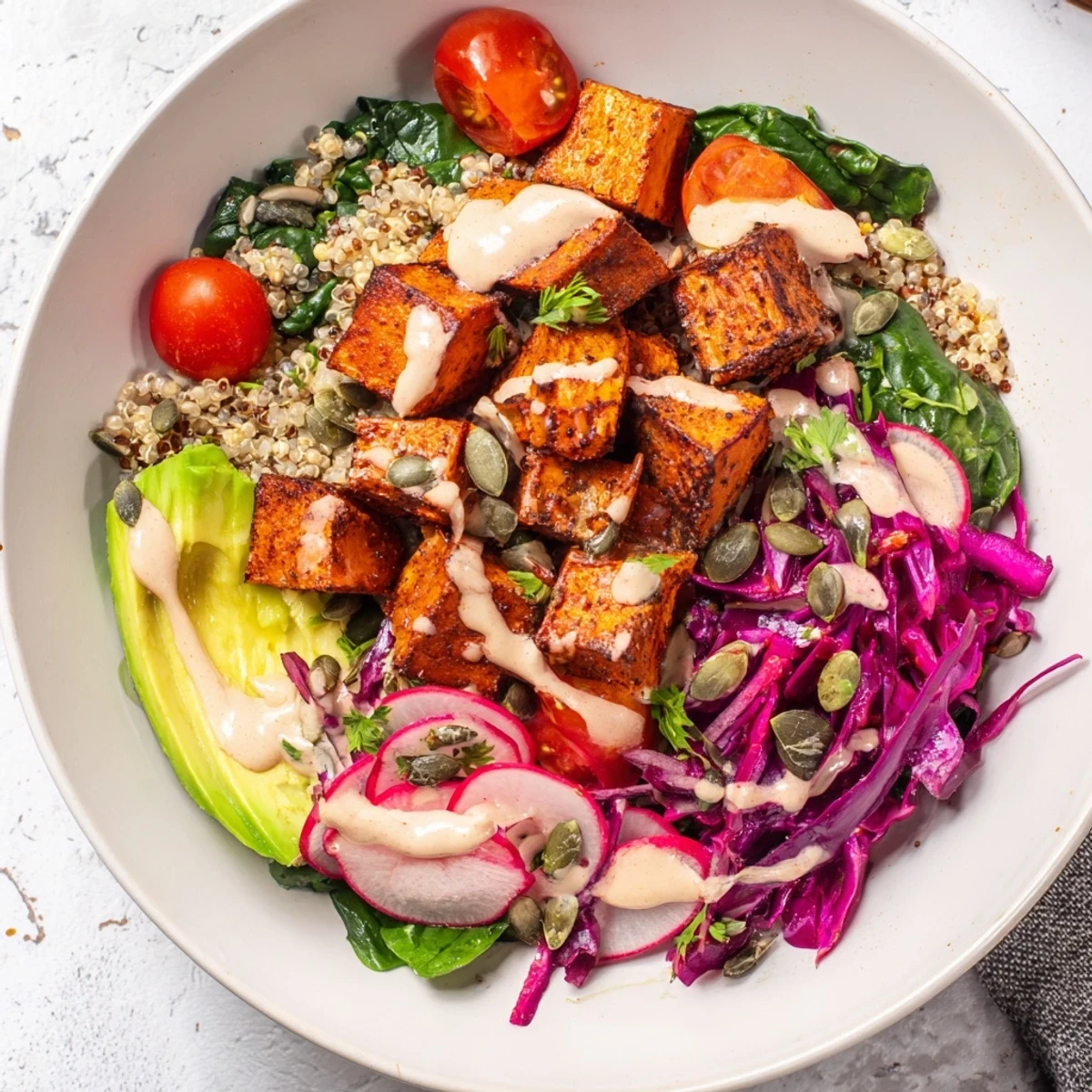 Complete Veggie Bowl with quinoa, sweet potatoes and tahini vinaigrette, a colorful and healthy meal.