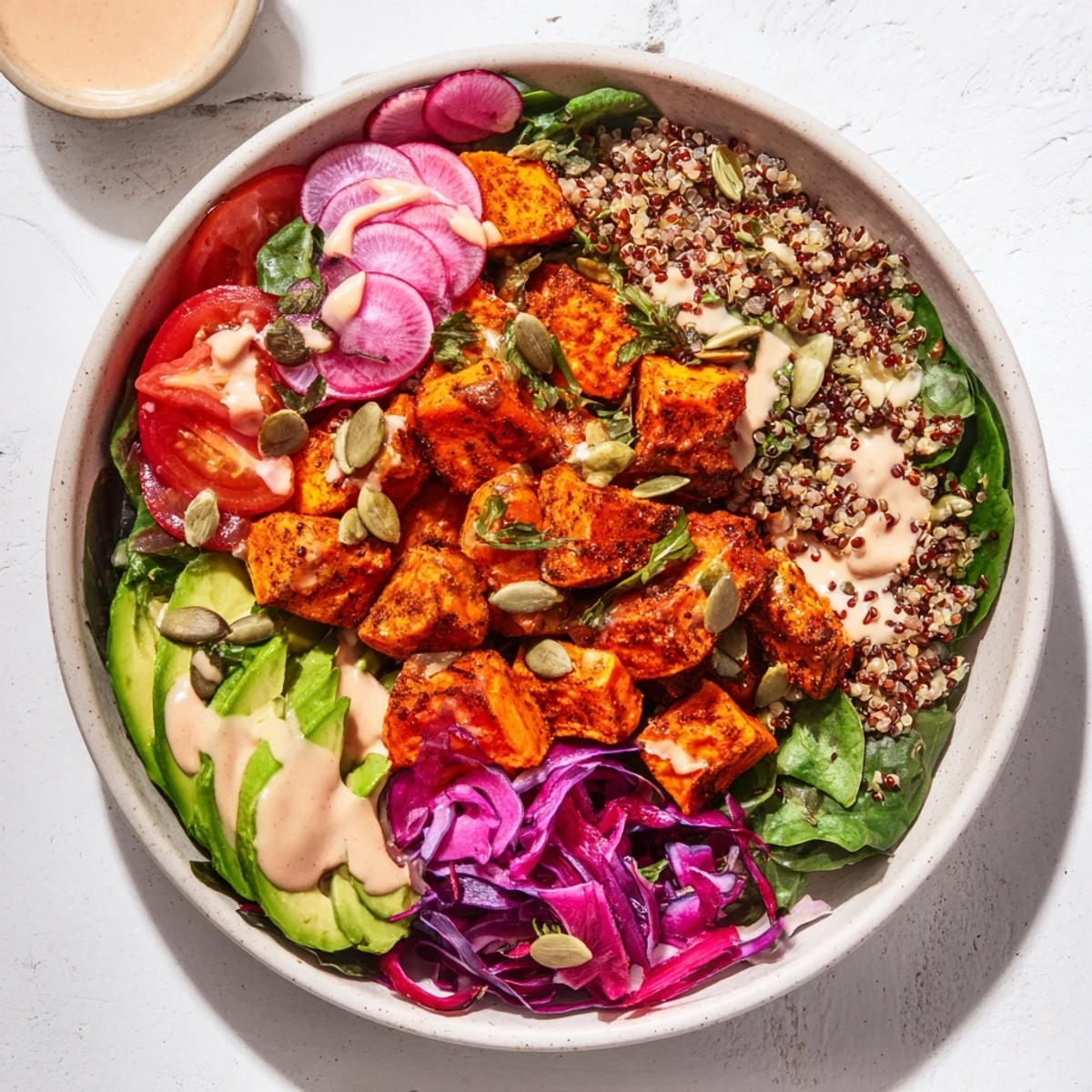 A close-up of a Complete Veggie Bowl showcasing fluffy quinoa, roasted sweet potatoes, and creamy tahini dressing.