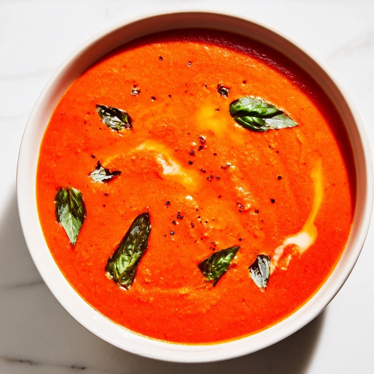 A bowl of creamy Comfort Soup: the rich tomato and basil soup, ready for a comforting meal.