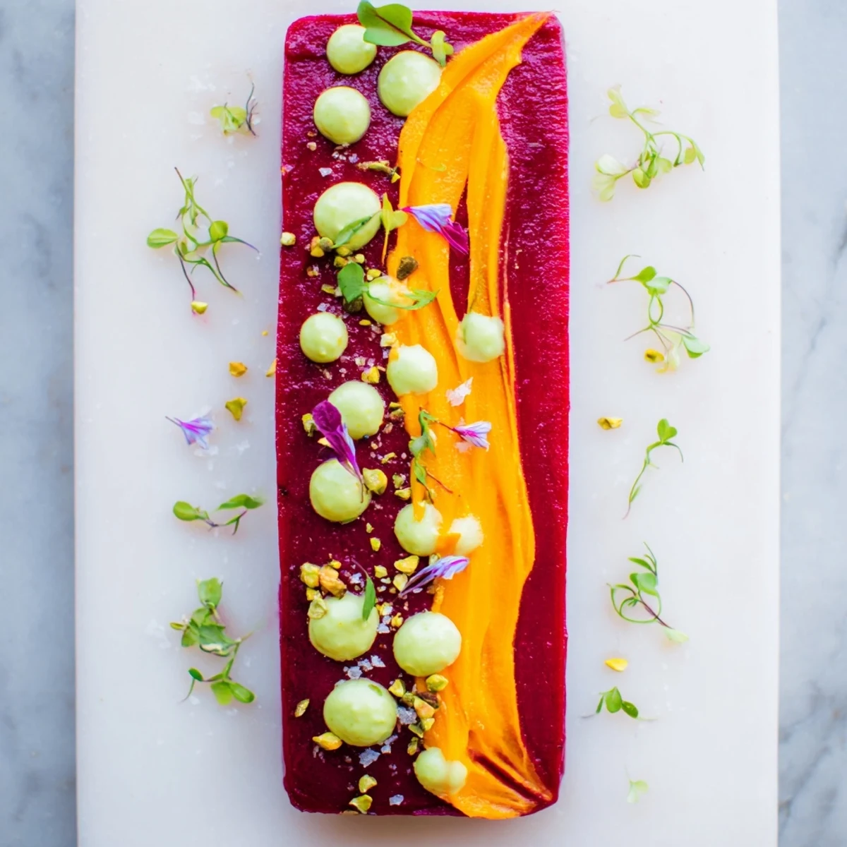 A dramatic, modernist stripe: vibrant beet purée with carrot and avocado cream, ready to serve.