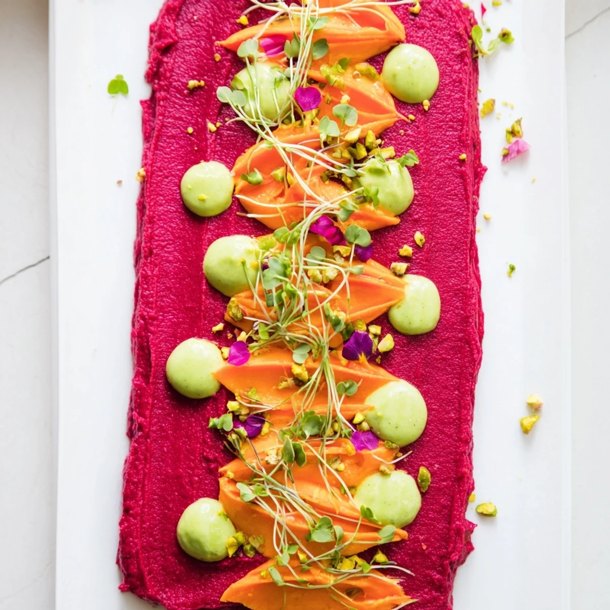 Visualize the clean, bold presentation of this Modernist Stripe appetizer with artistic purée layers.