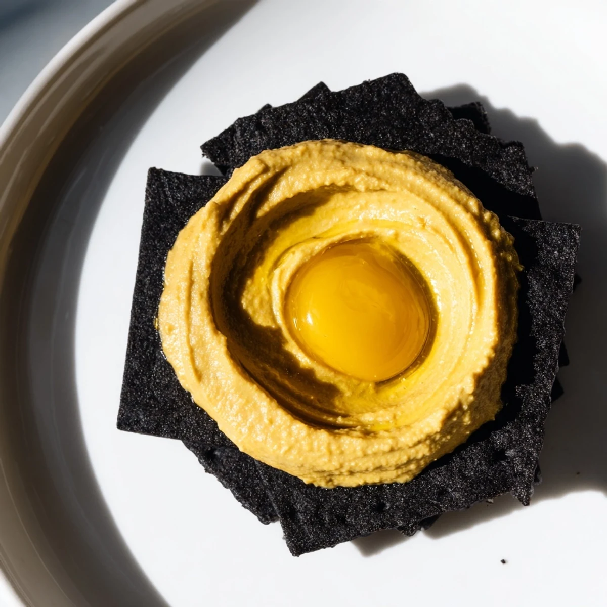 Enjoy The Midnight Sun, a vivid appetizer starring a bright carrot dip and dark, crisp crackers.