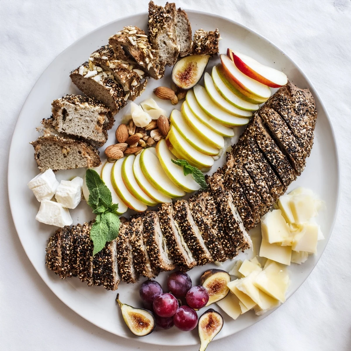 Vibrant "Harvest Scythe" platter with ripe fruits, breads, and grains artfully arranged for snacking.