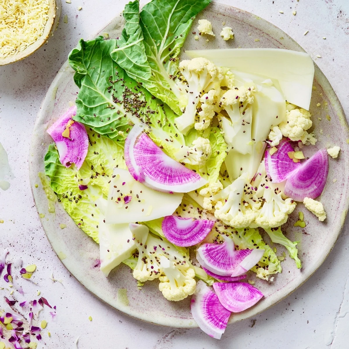 Cold, refreshing The Tundra Trek, featuring thinly sliced vegetables on a chilled stone serving platter with microgreens.