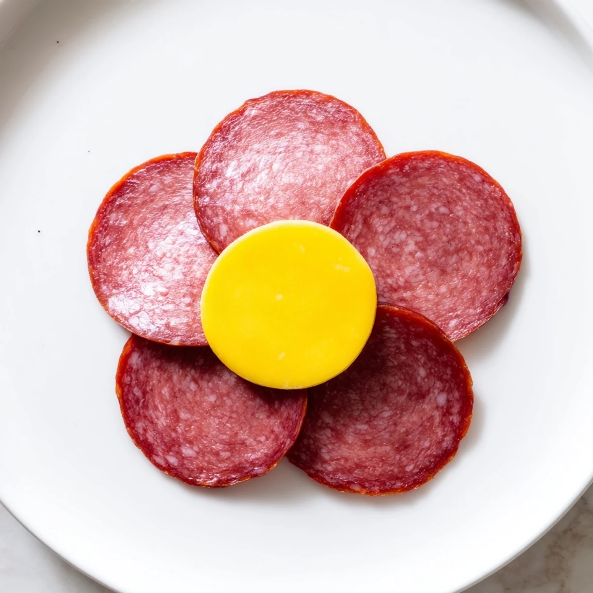 Appetizing Tudor Rose appetizer, five salami slices framing a yellow cheese center, perfect for entertaining.