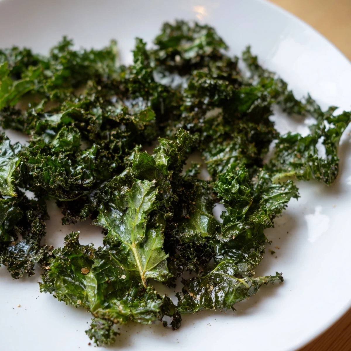 Golden, crisp oven-baked kale chips ready to crunch—a simple and healthy snack option.