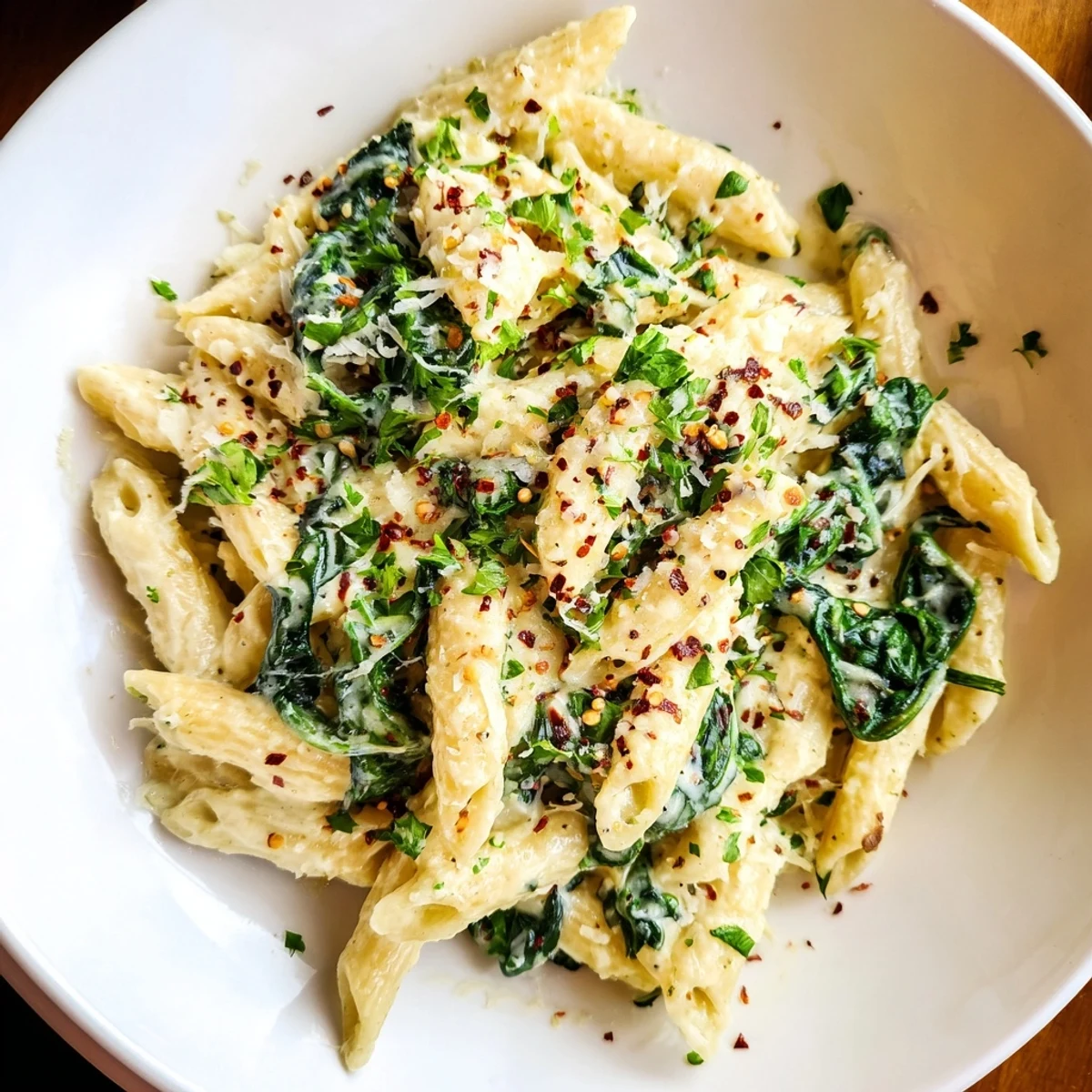 Steaming hot, creamy Magic Casserole with spinach and pasta, ready to serve with Parmesan.
