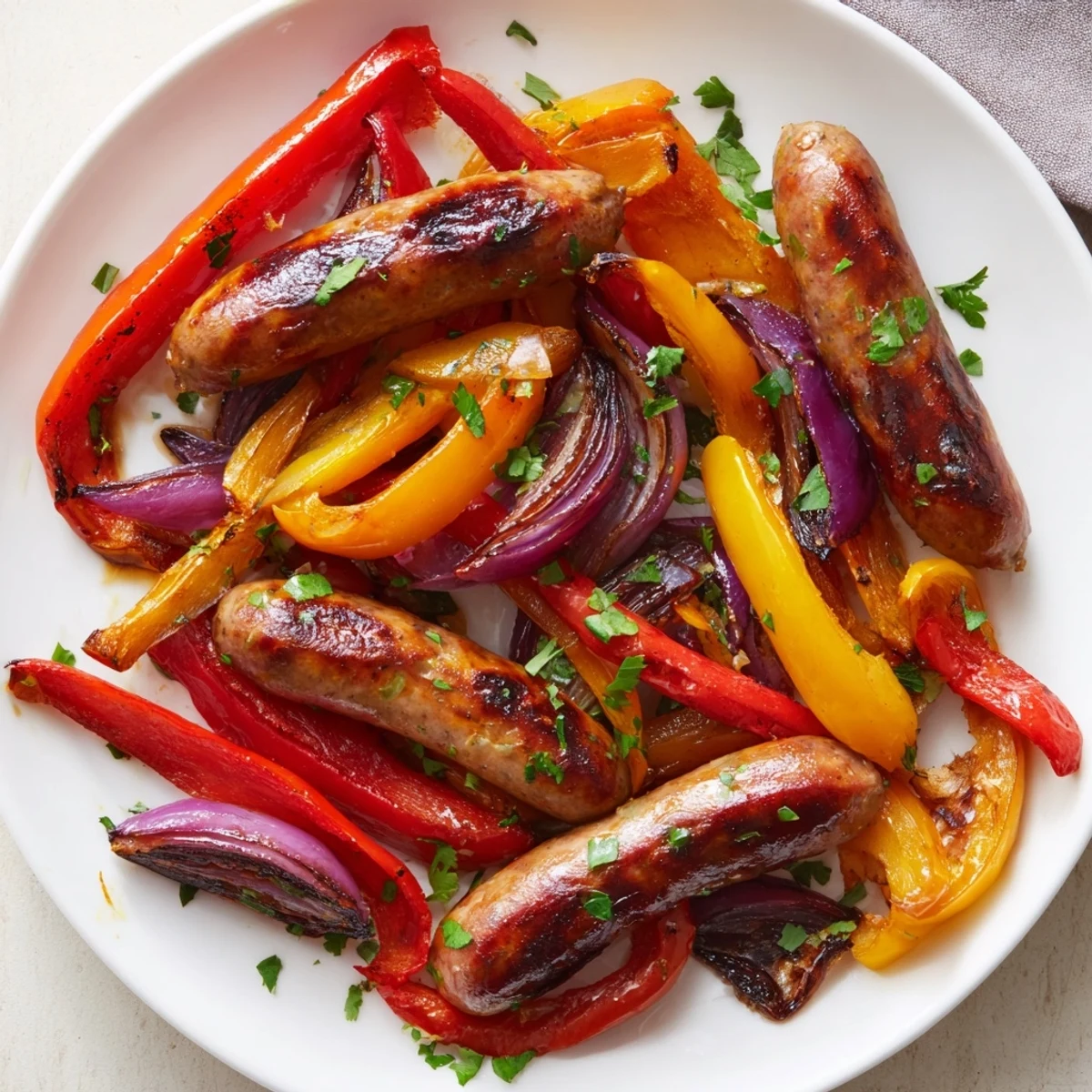 Sizzling sheet pan roasted Italian sausage, peppers, and onions, with caramelized vegetables and browned sausages.