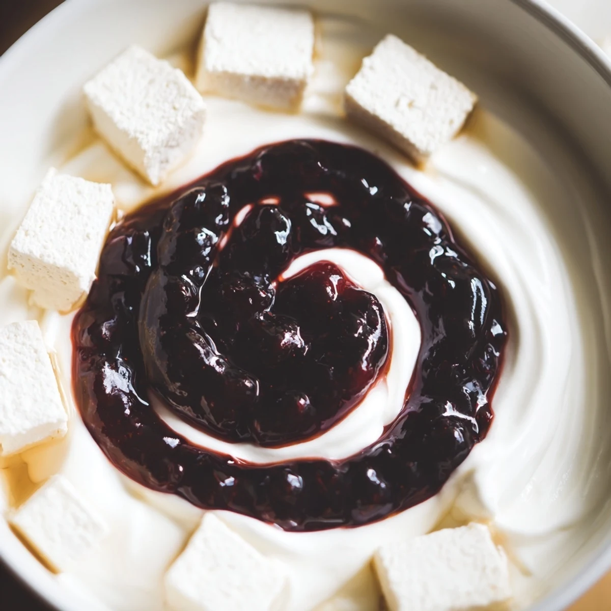 Galaxy Spiral dessert: creamy yogurt swirled with dark berry jam and sprinkled with sesame stars.