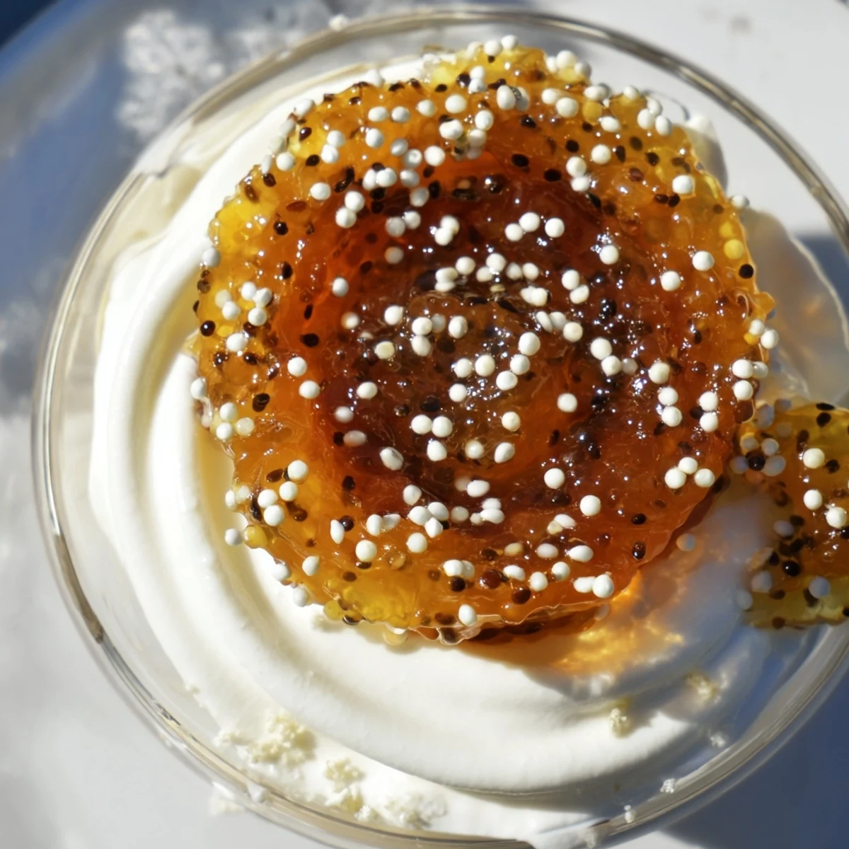 Elegant Galaxy Spiral dessert, a swirl of jam and yogurt topped with goat cheese and sesame seeds.