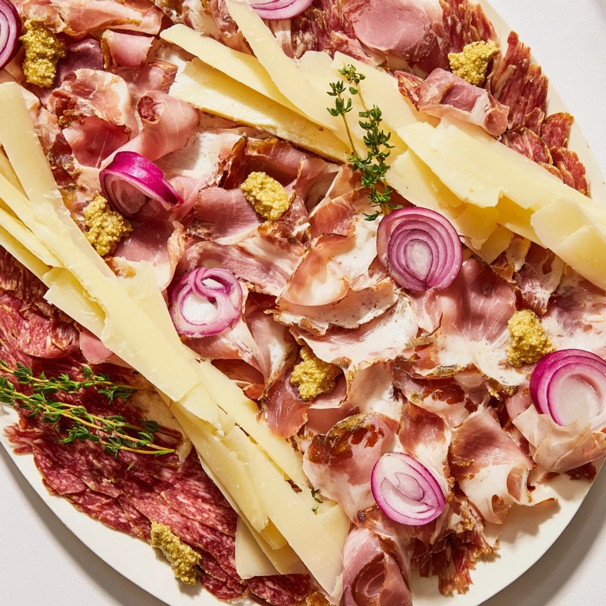 A beautifully arranged Burlap & Lace charcuterie board with meats, cheeses, and garnishes, ready to enjoy.