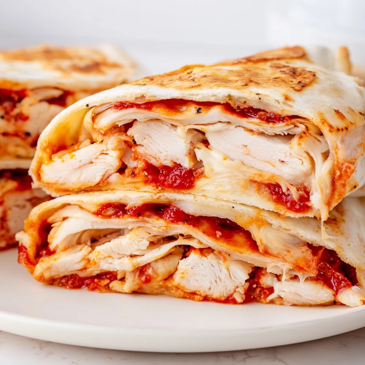 Golden brown tortilla pizza wrap with chicken, filled with melted mozzarella and marinara.
