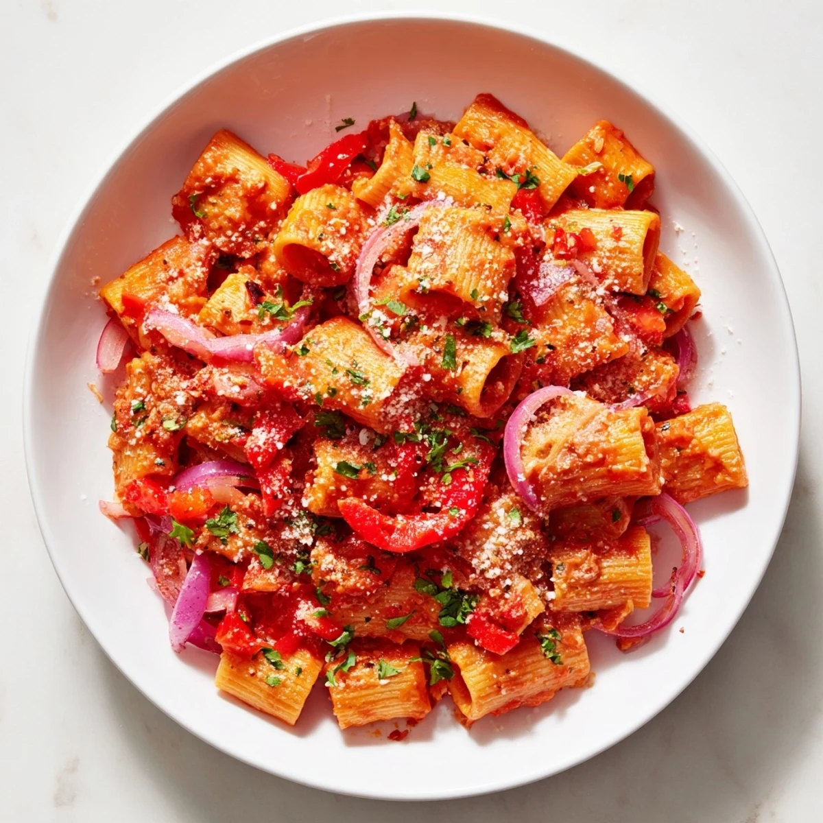 One-Pot Diavola Spicy Pasta, simmering with red bell peppers, ready to serve with Parmesan.