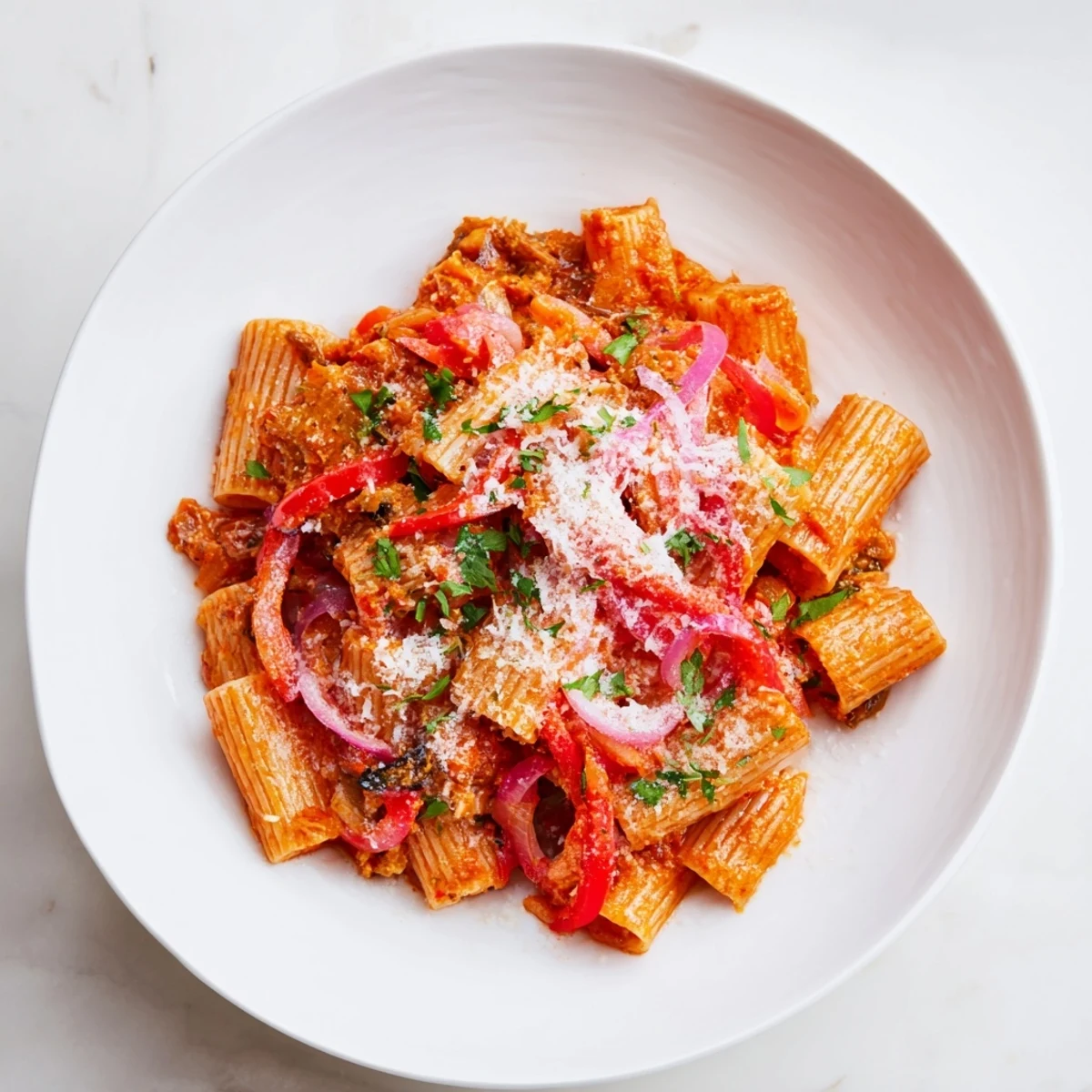 A steaming bowl of One-Pot Diavola Spicy Pasta, smelling of Italian herbs and garlic.