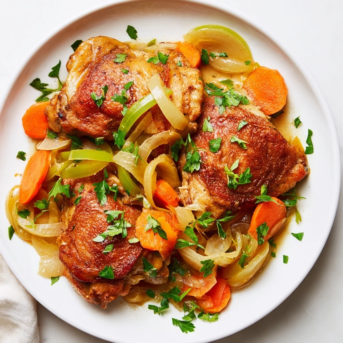 Tender Georgia Pot Roast Chicken, served with a rich gravy, showcasing juicy chicken thighs and sweet onions.