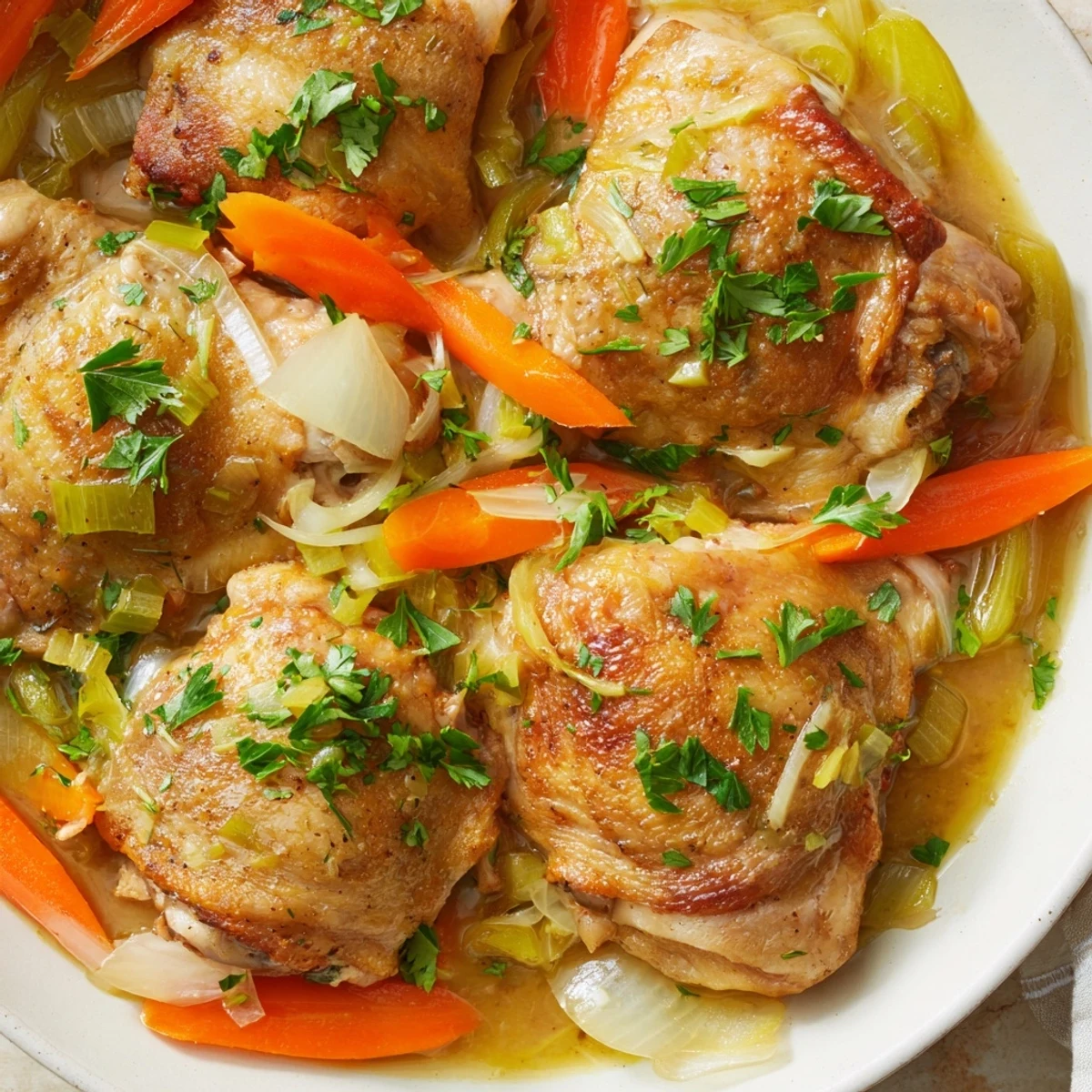 Golden-brown chicken thighs simmer in the savory juices of this comforting Georgia Pot Roast Chicken recipe.