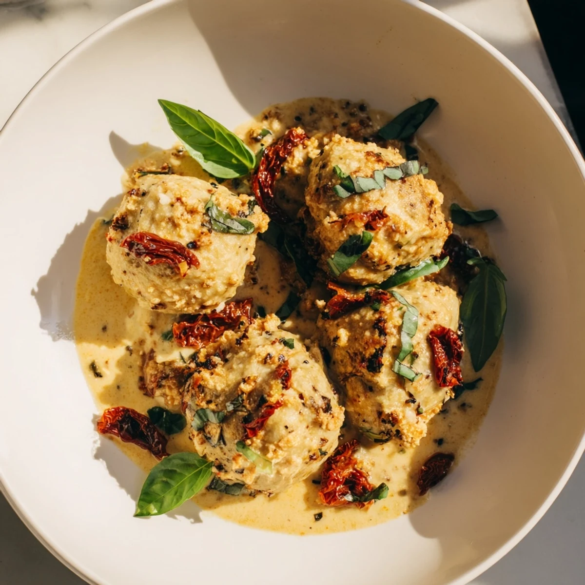 A creamy skillet bursts with plump Marry Me Chicken Meatballs, swimming in a vibrant sun-dried tomato sauce.