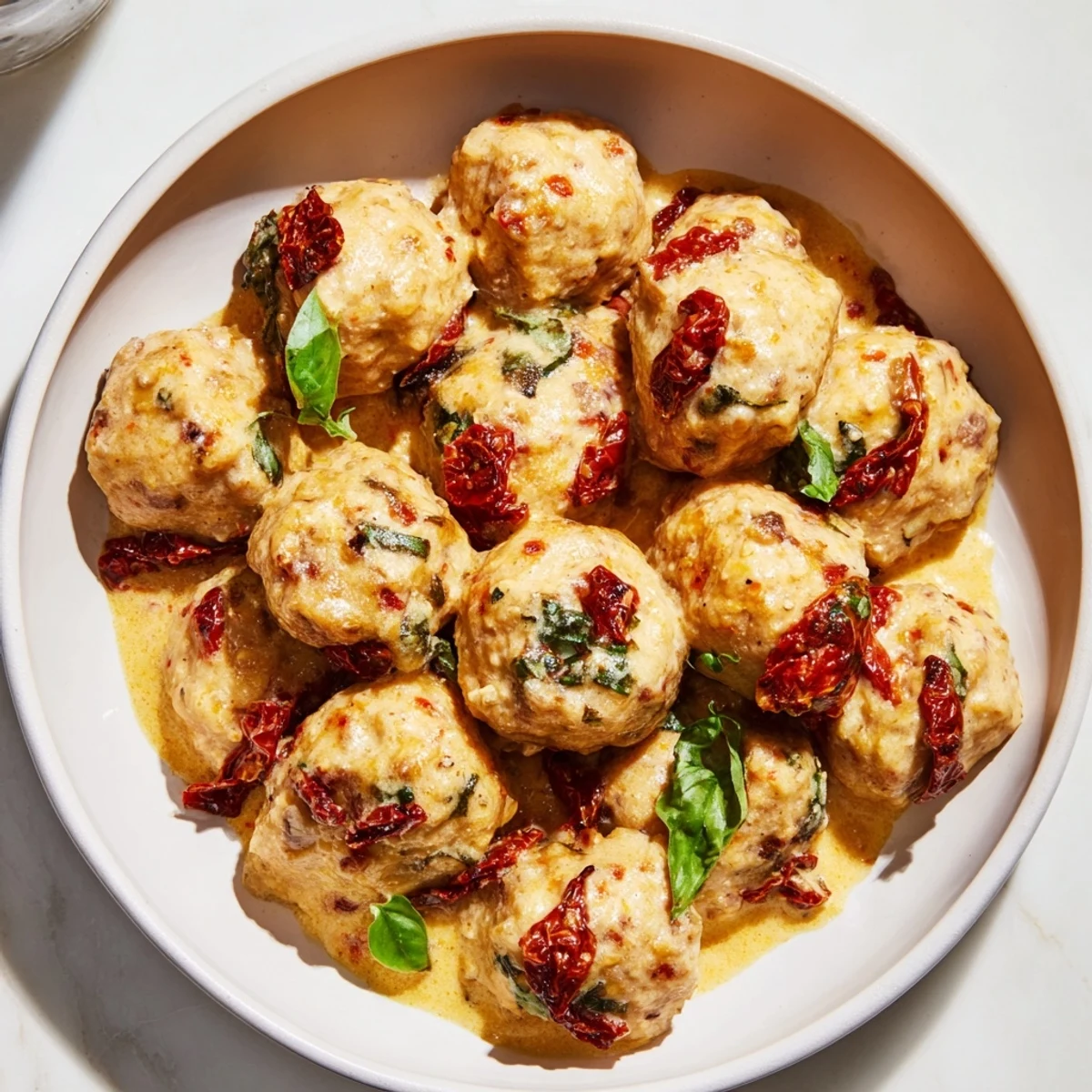 Garnish of fresh basil atop a serving of Marry Me Chicken Meatballs, a hearty American-Italian main course.