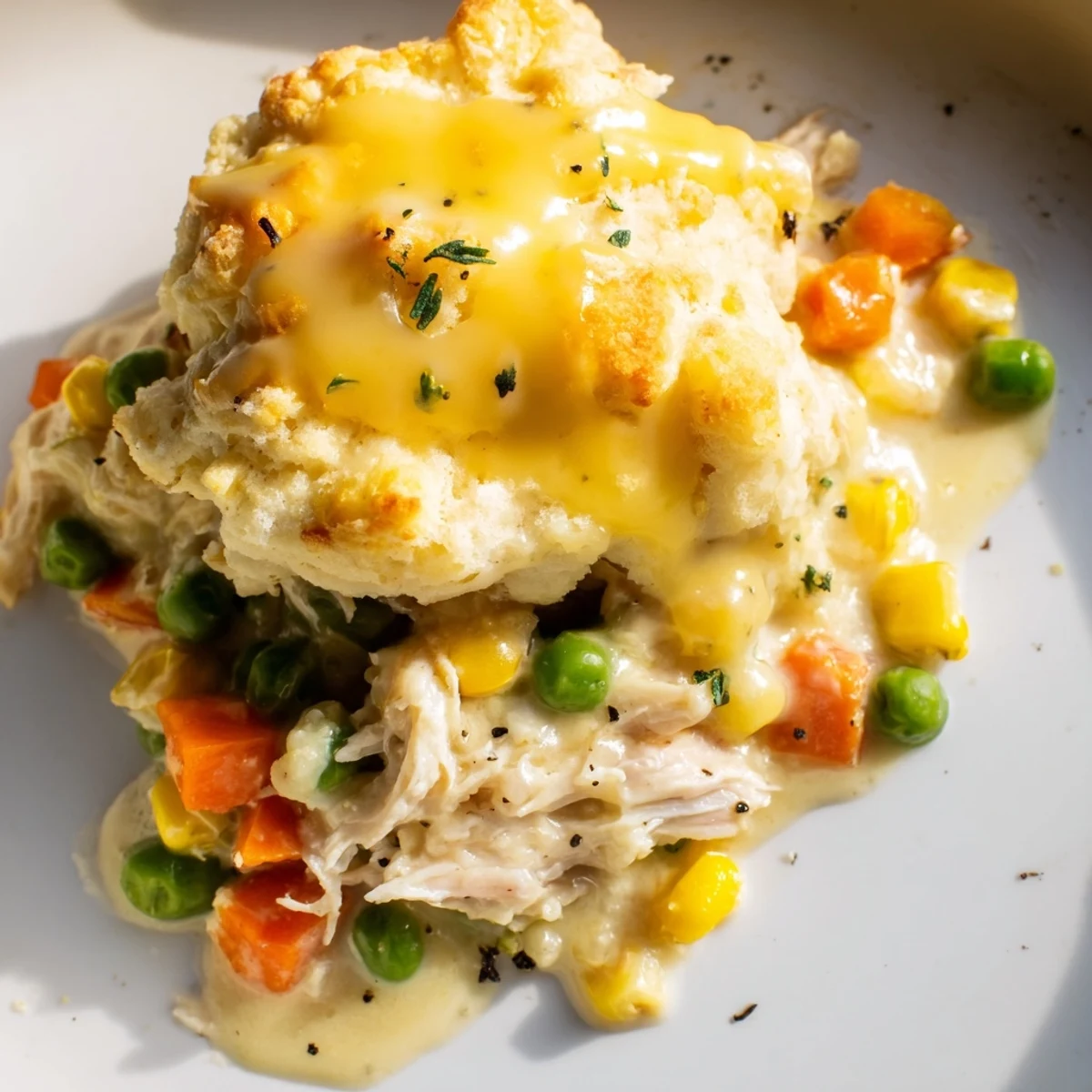 Chicken Cobbler with Red Lobster Mix, a warm casserole with golden biscuit topping and savory chicken.