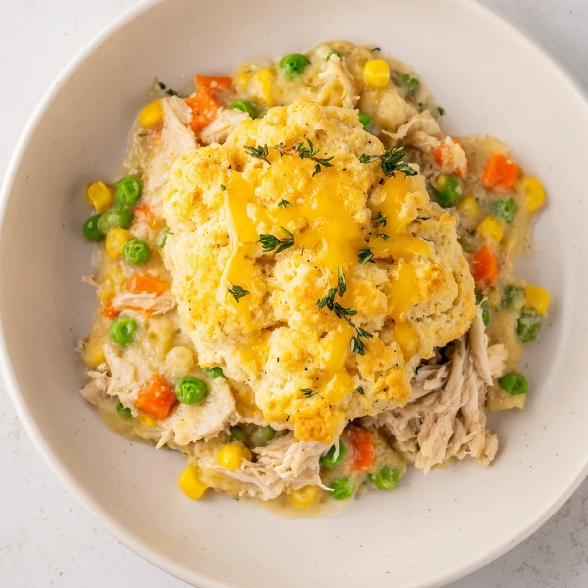 A bubbling Chicken Cobbler with Red Lobster Mix, showing a close-up of the tender chicken and creamy filling.