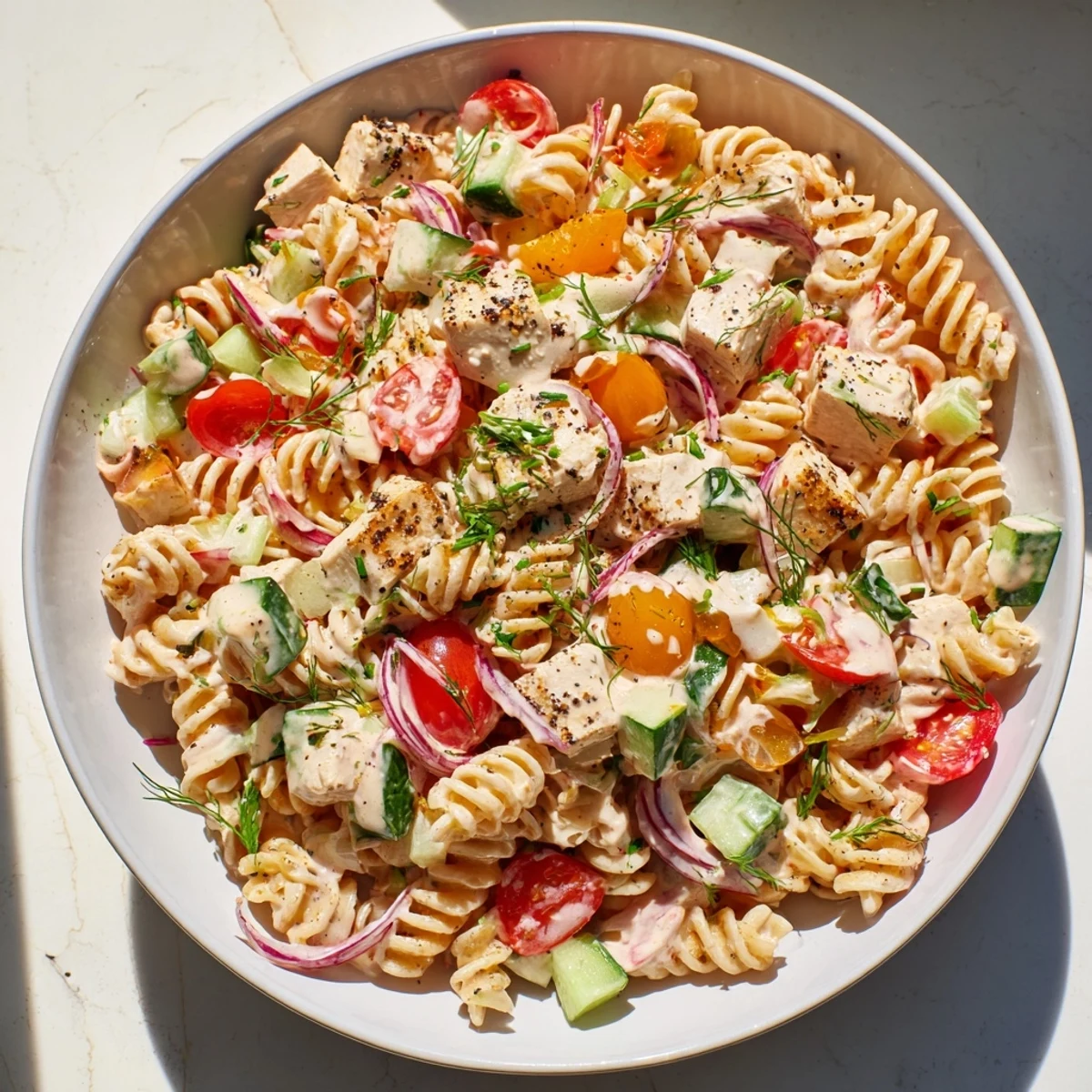 Everything Bagel Chicken Pasta Salad, bursting with fresh veggies and a creamy finish.
