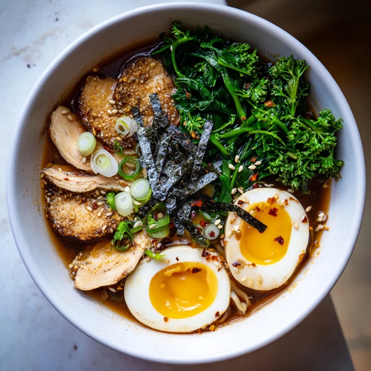 Steaming hot bowl of chicken ramen with soft boiled egg and creamy Kewpie mayo, a comfort food classic.