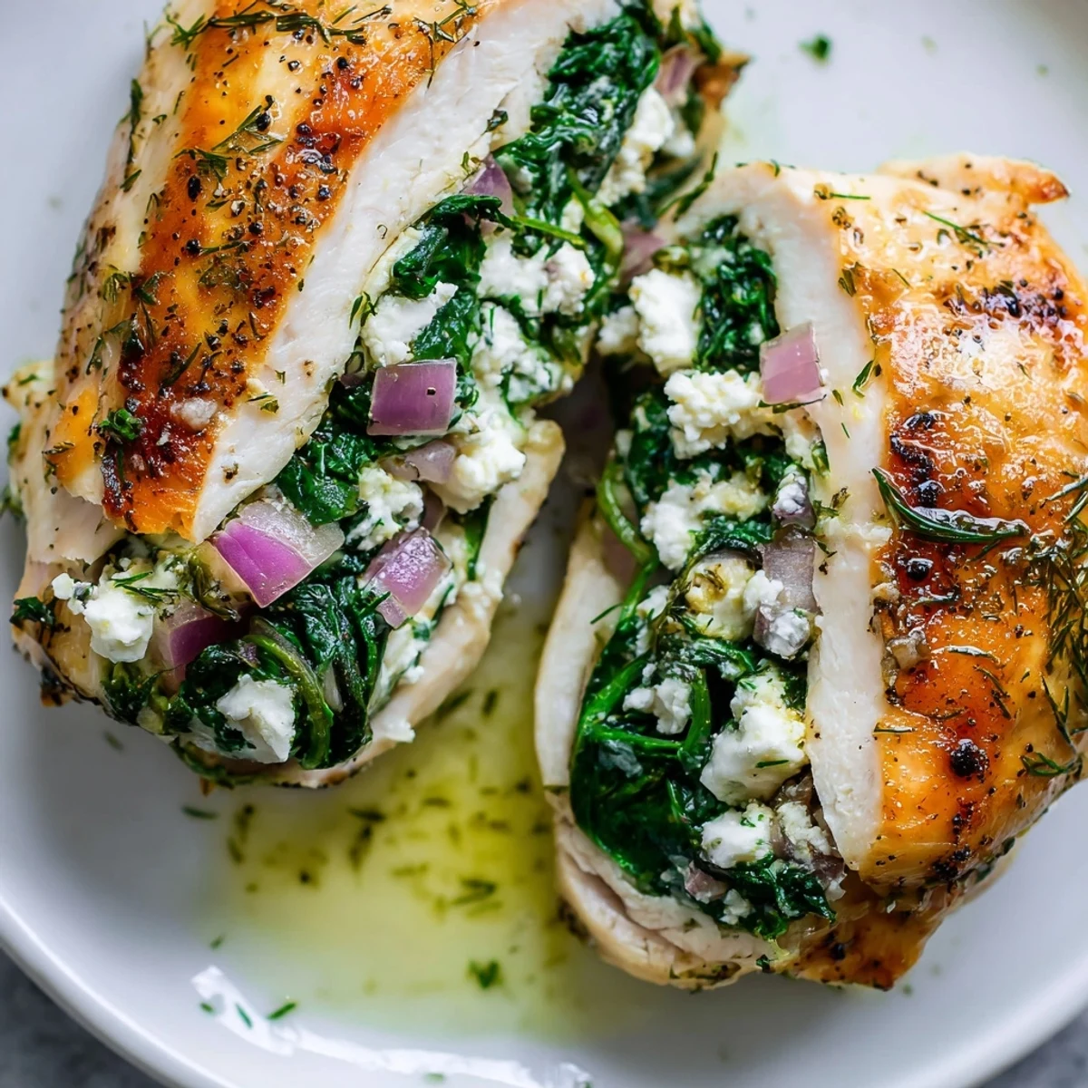 Spinach Feta Stuffed Chicken, golden-brown and juicy, rests on a plate ready to be sliced.