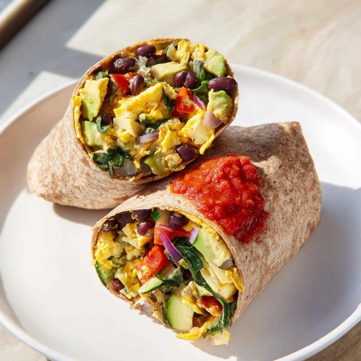 A colorful, veggie-loaded breakfast burrito, showcasing fluffy eggs, fresh salsa, and avocado slices.