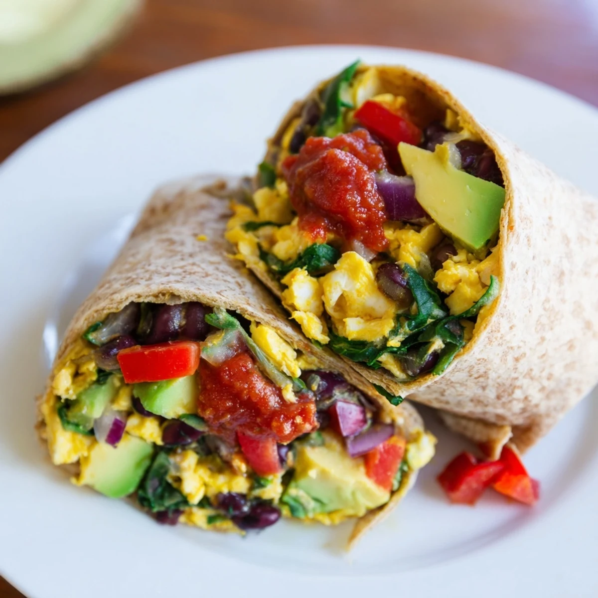 Enjoy a close-up of this protein-packed Veggie-Loaded Breakfast Burrito, ready to eat, with fresh cilantro.