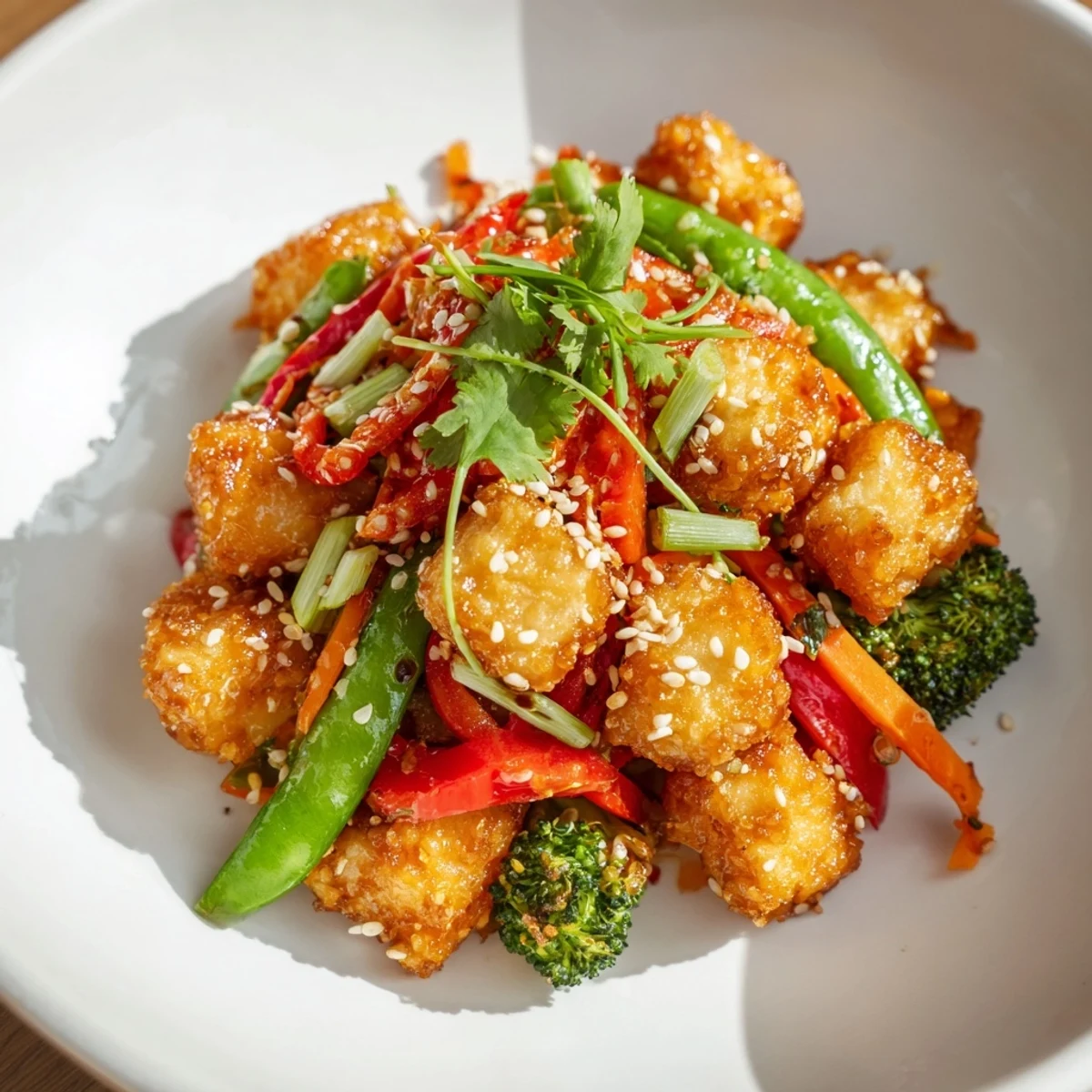 Crispy Sesame Ginger Tofu Stir-Fry with colorful veggies and a savory sauce, ready to serve.