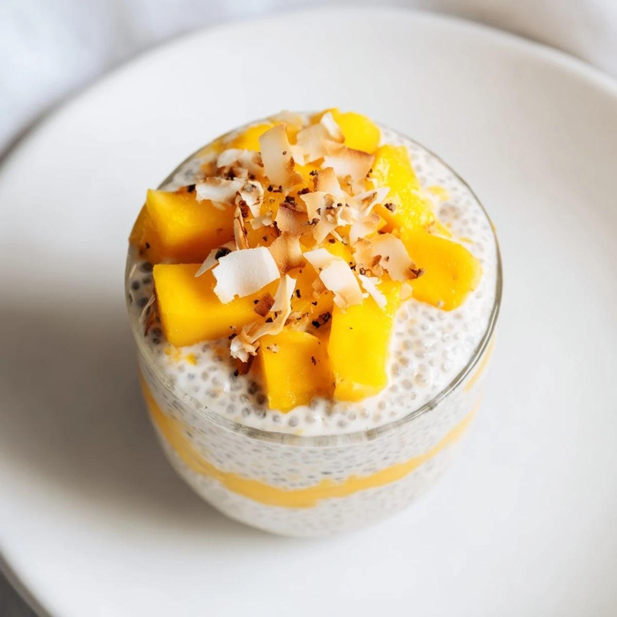Creamy Mango Coconut Chia Pudding layered with fresh mango, ready for a delicious breakfast.