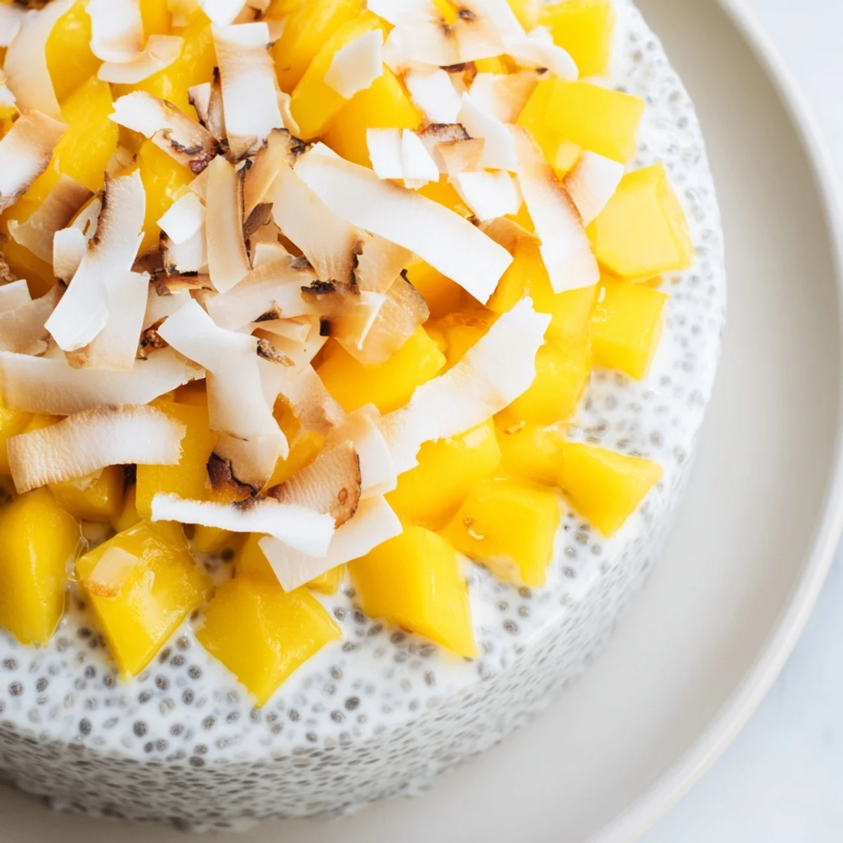 A close-up of vibrant Mango Coconut Chia Pudding, garnished with toasted coconut flakes, a vegan delight.